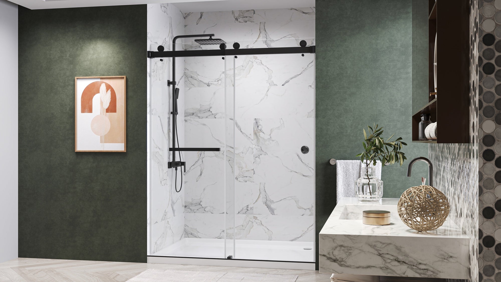 modern Shower Glass Sliding Doors with a sleek black frame, offering a stylish and functional shower enclosure. | ACE DECOR