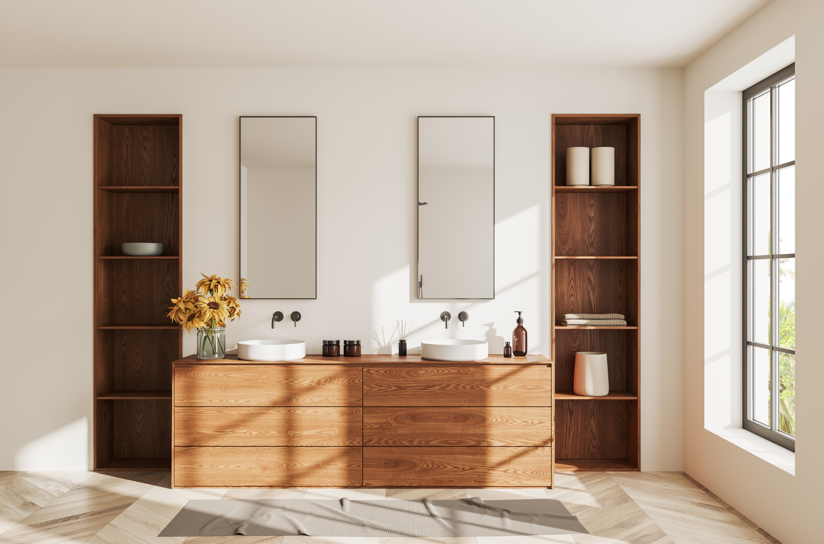 In a bright bedroom there is a wood-style double vanity. | ACE DECOR