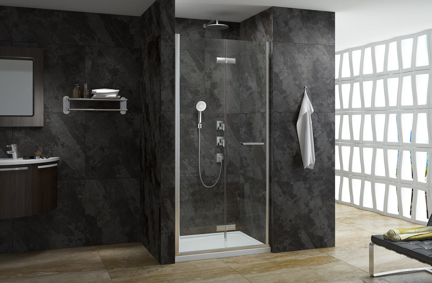 A modern bathroom with a sleek glass shower enclosure, dark textured walls, and minimalist fixtures. | ACE DECOR