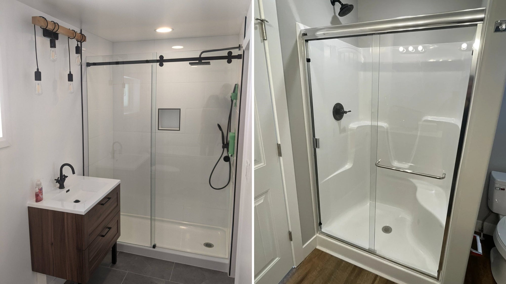 a side-by-side comparison of two different shower enclosures, one with a modern frameless sliding glass door and the other with a traditional framed shower door with built-in seating. | ACE DECOR