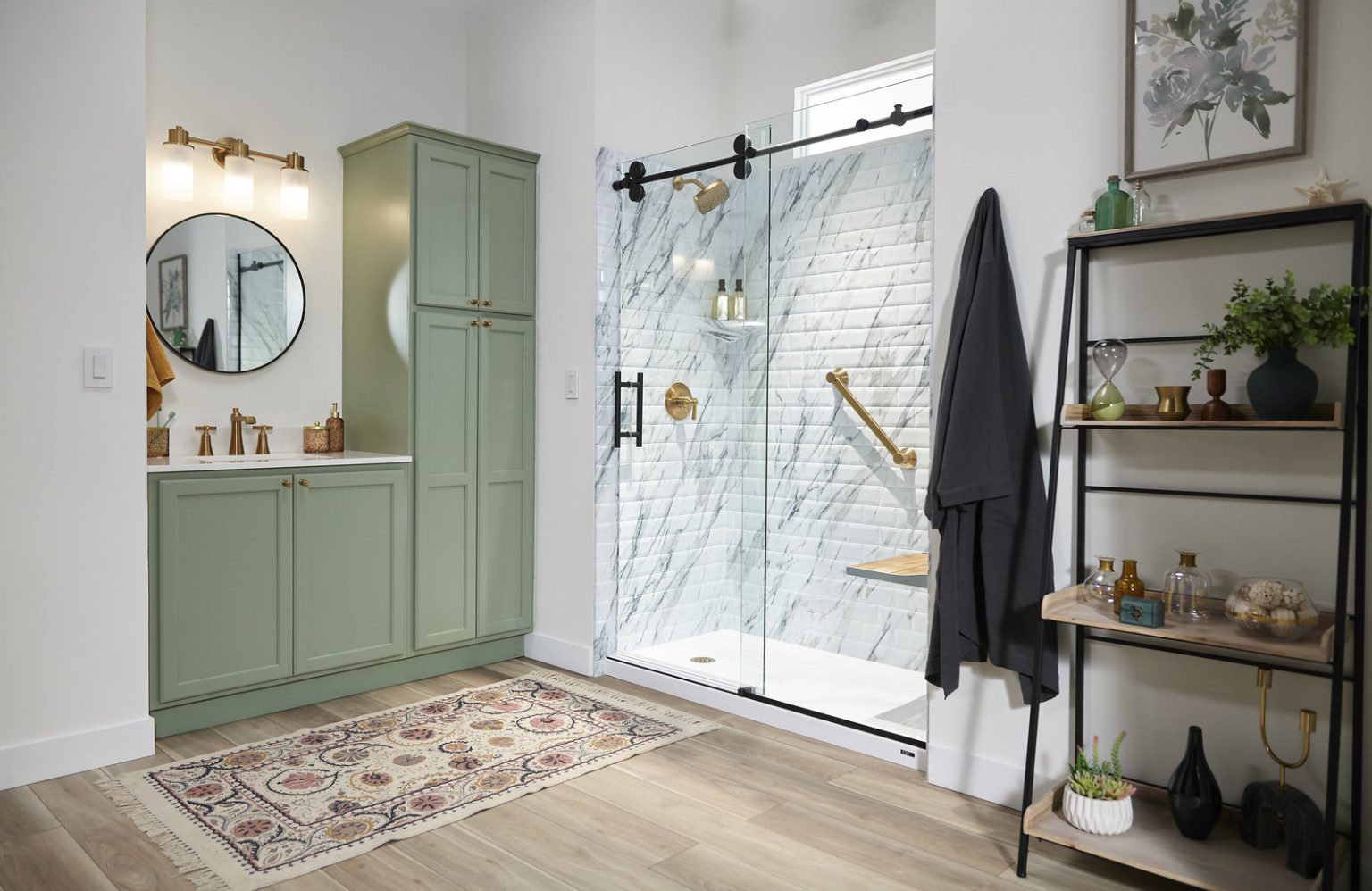 a warm bathroom with a semi-frameless shower door | ACE DECOR