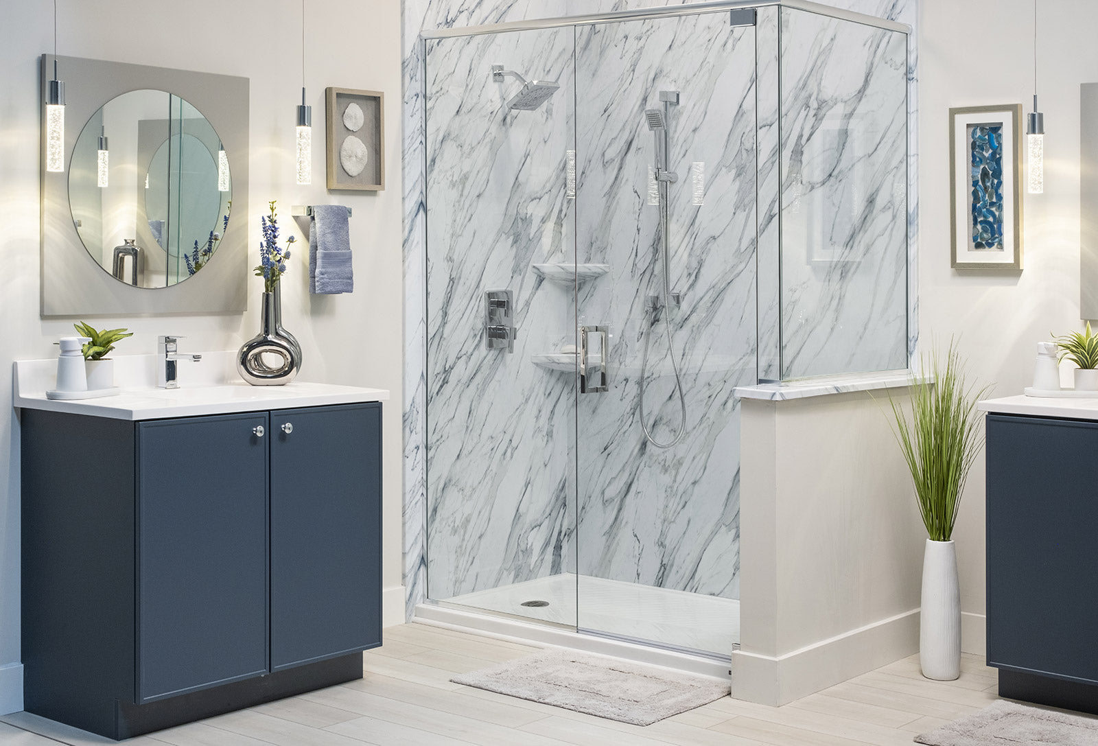 a stylish shower enclosure for a small bathroom, with sleek glass panels, marble walls, and modern fixtures, creating a clean and luxurious look. | ACE DECOR