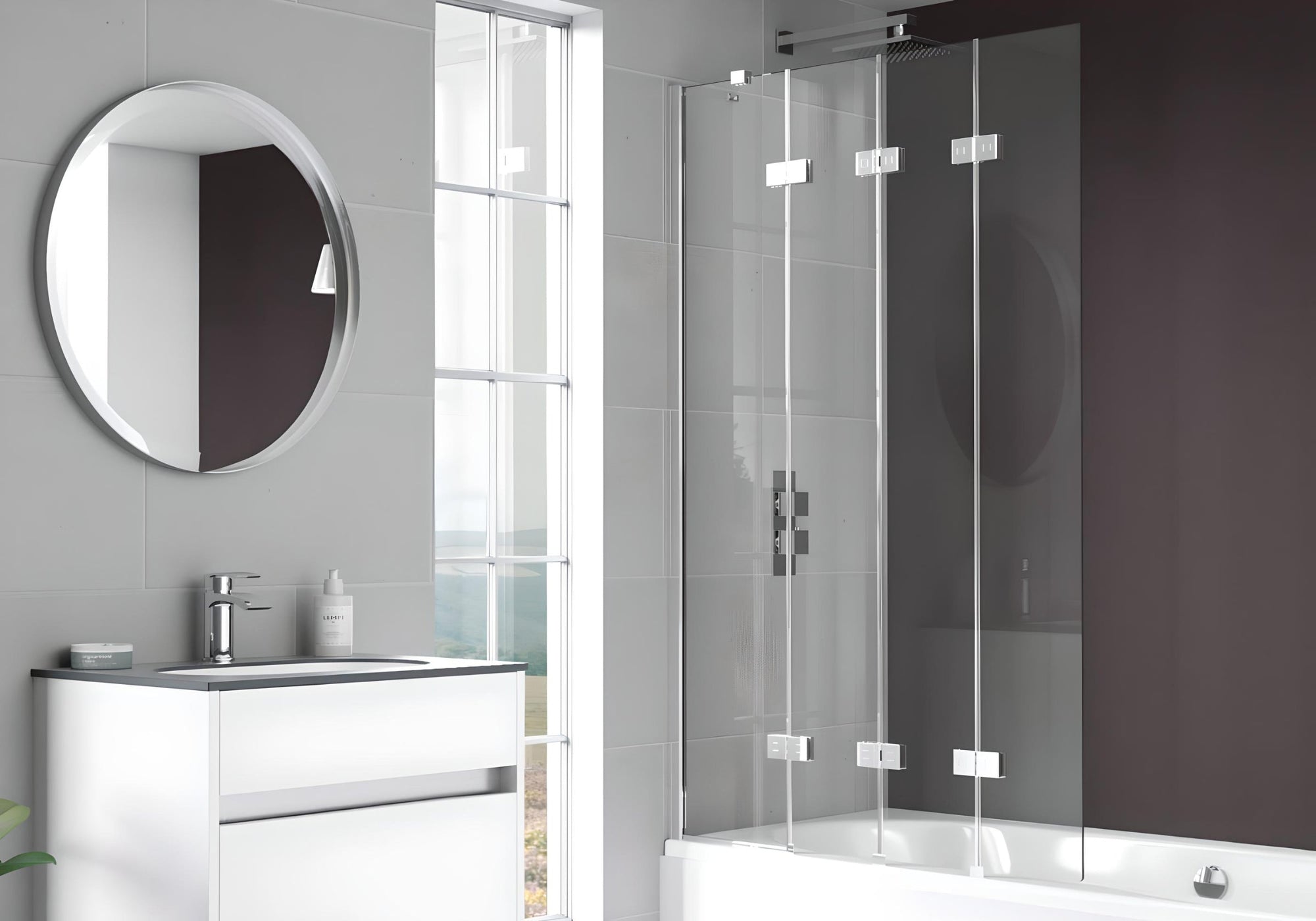 a 4-Panel Folding Frameless Shower Door, featuring sleek glass panels and modern hardware for a stylish and space-saving bathroom upgrade. | ACE DECOR