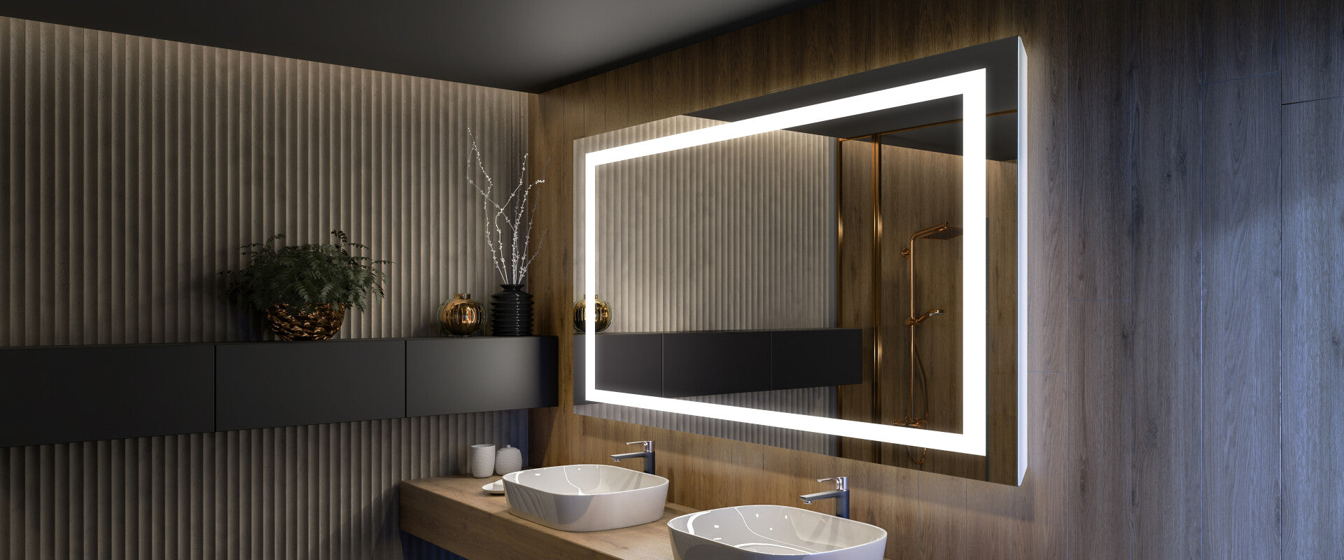 A large, square LED-backlit bathroom mirror with an industrial design | ACE DECOR