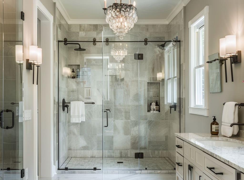 a bathroom with sleek frameless sliding shower doors, showcasing a modern design with a spacious shower area and stylish fixtures. | ACE DECOR