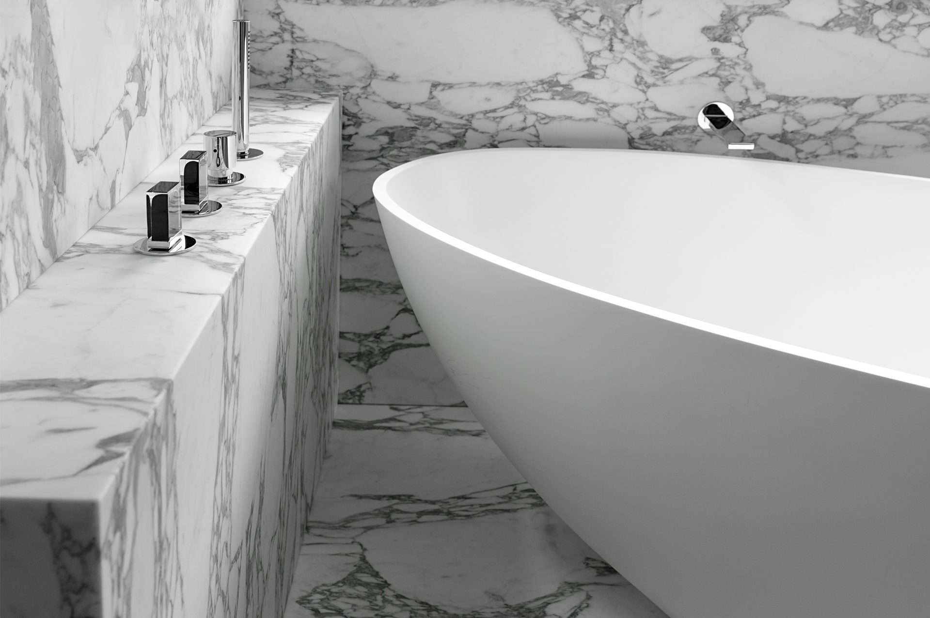 A sleek white freestanding bathtub set against a luxurious marble-clad bathroom with modern chrome fixtures. | ACE DECOR