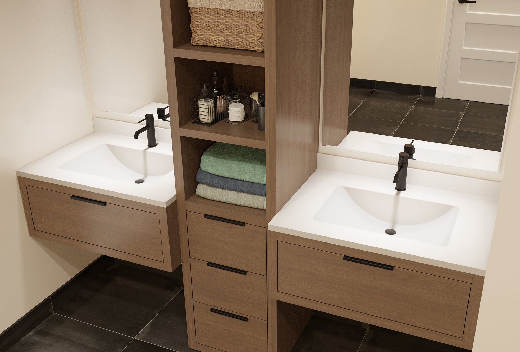 a modern bathroom design featuring sleek bathroom cabinets with wood finishes, built-in storage, and a double vanity setup for a functional yet stylish space. | ACE DECOR