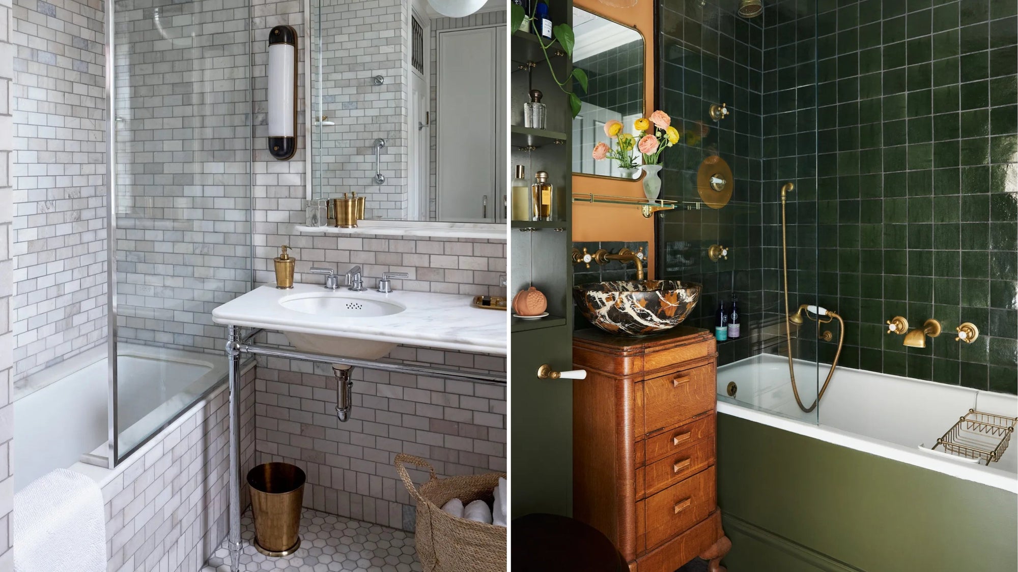 A side-by-side contrast of bathtub decor: minimalist white marble vs. bold maximalist green and gold. | ACE DECOR