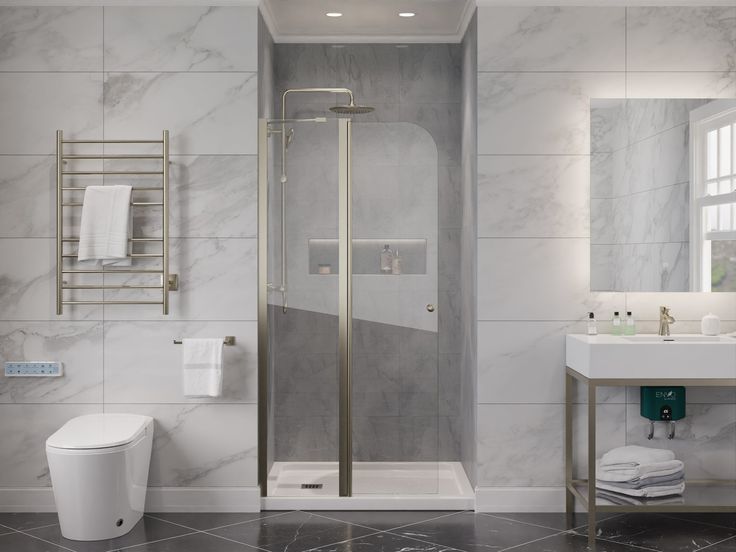 Luxurious bathroom featuring a 36 Frameless Shower Door with a brushed nickel pivot frame, clear tempered glass, and a modern marble tile backdrop.