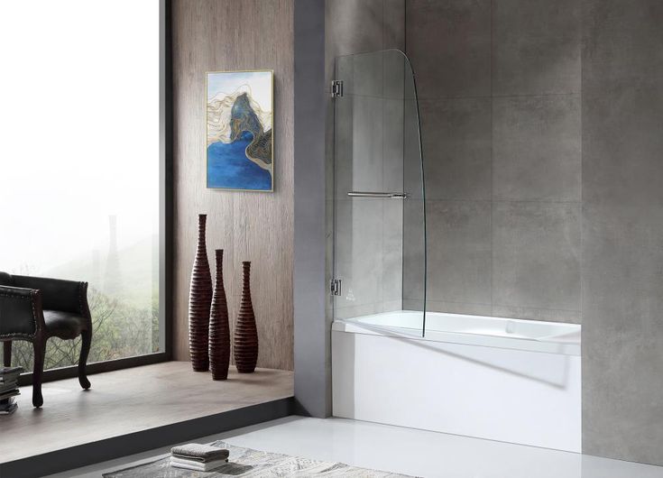 Frameless hinged bathtub door options in a modern minimalist bathroom