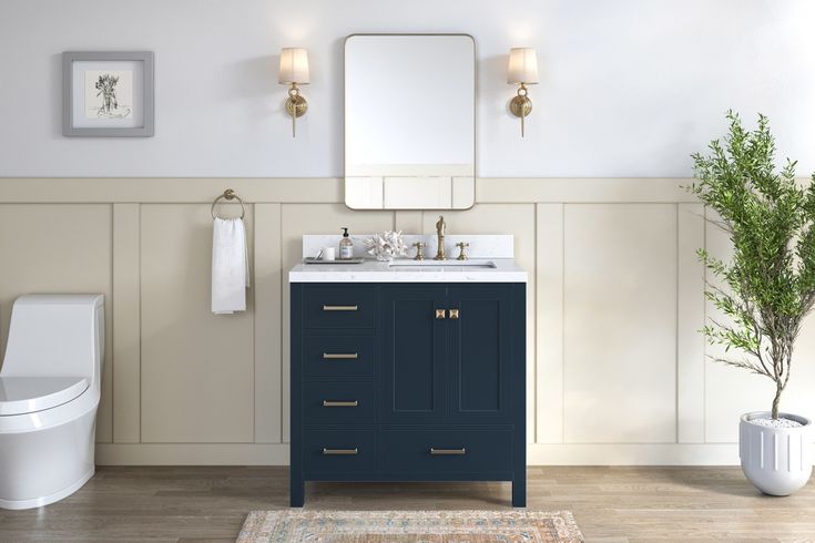 Midnight blue 34 inch bathroom vanity with white quartz top and gold hardware