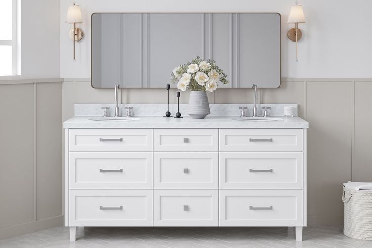 Elegant white bathroom basin cabinet with a double sink design, marble countertop, and multiple storage drawers, perfect for a luxury master bathroom