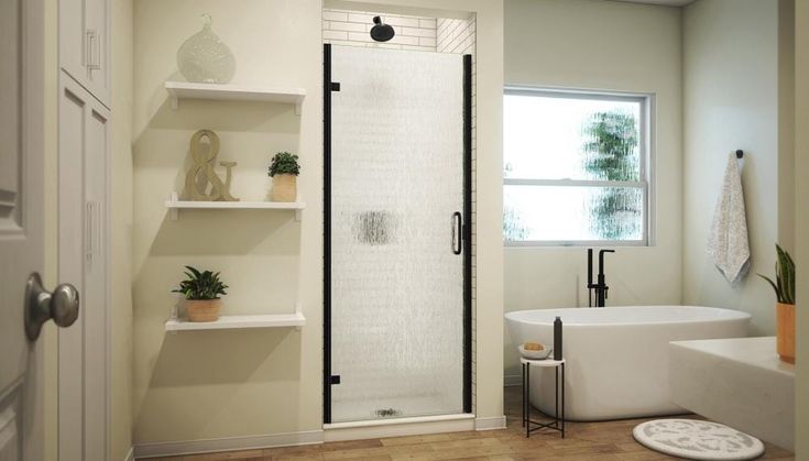 Matte black frame rain glass style to replace hinged shower door in a modern bathroom