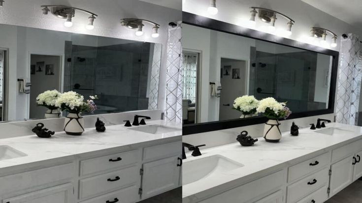 Before and after image showing the transformation of a bathroom with a bathroom mirror frame kit