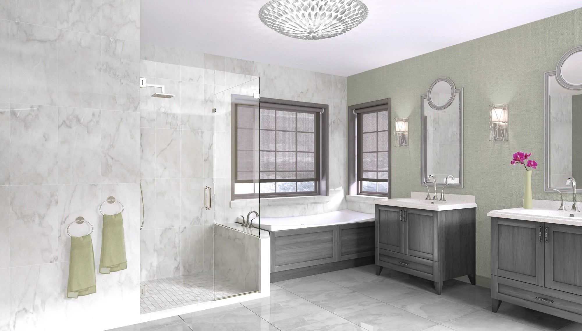 Luxury walk in showers with marble tiles and glass door in modern bathroom