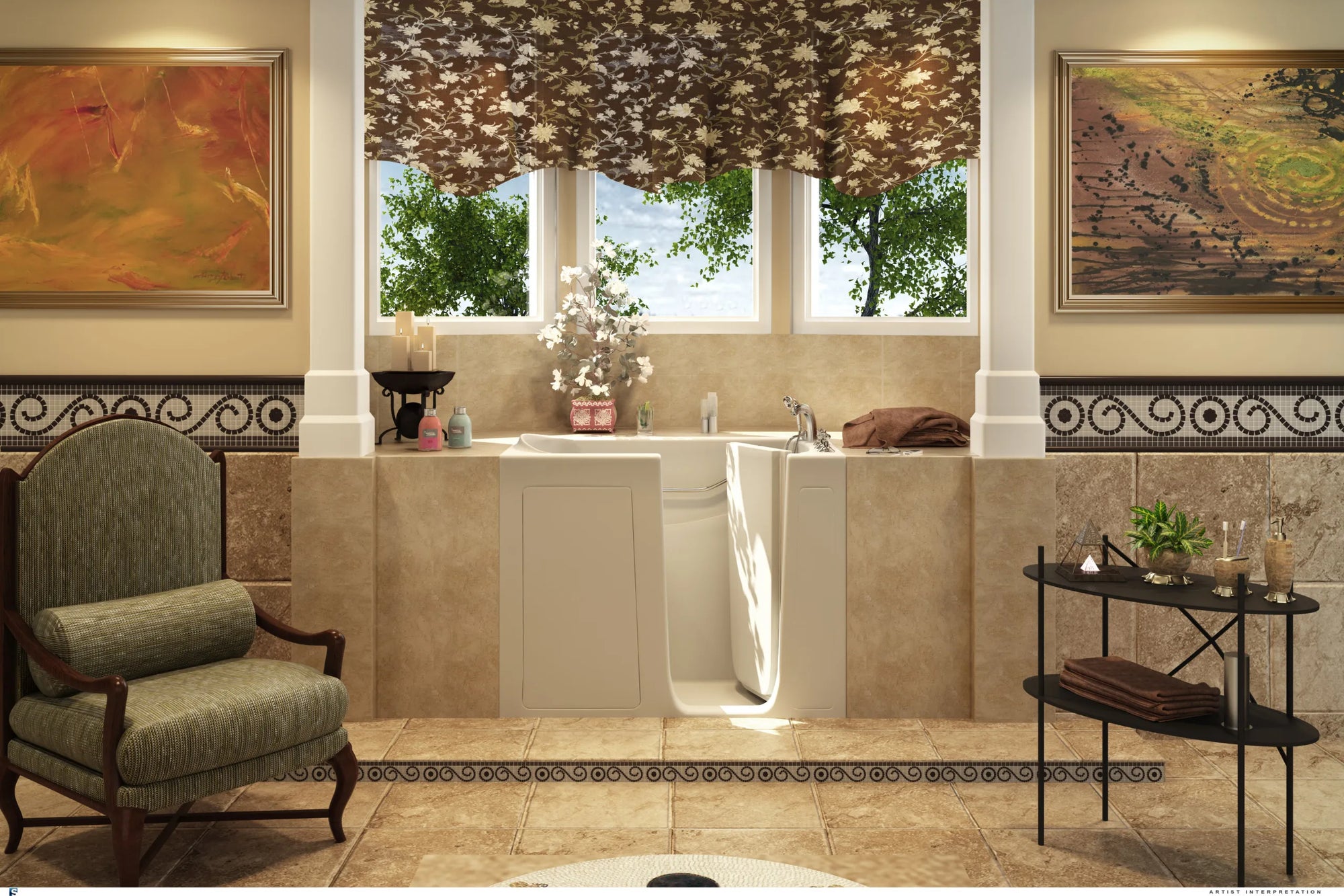 Luxurious bathroom with walk in bathtub, two large artwork above, leafy pattern valance with natural light, classic armchair left, metal-glass side table with plant right, warm earthy tones, tiled flooring with border