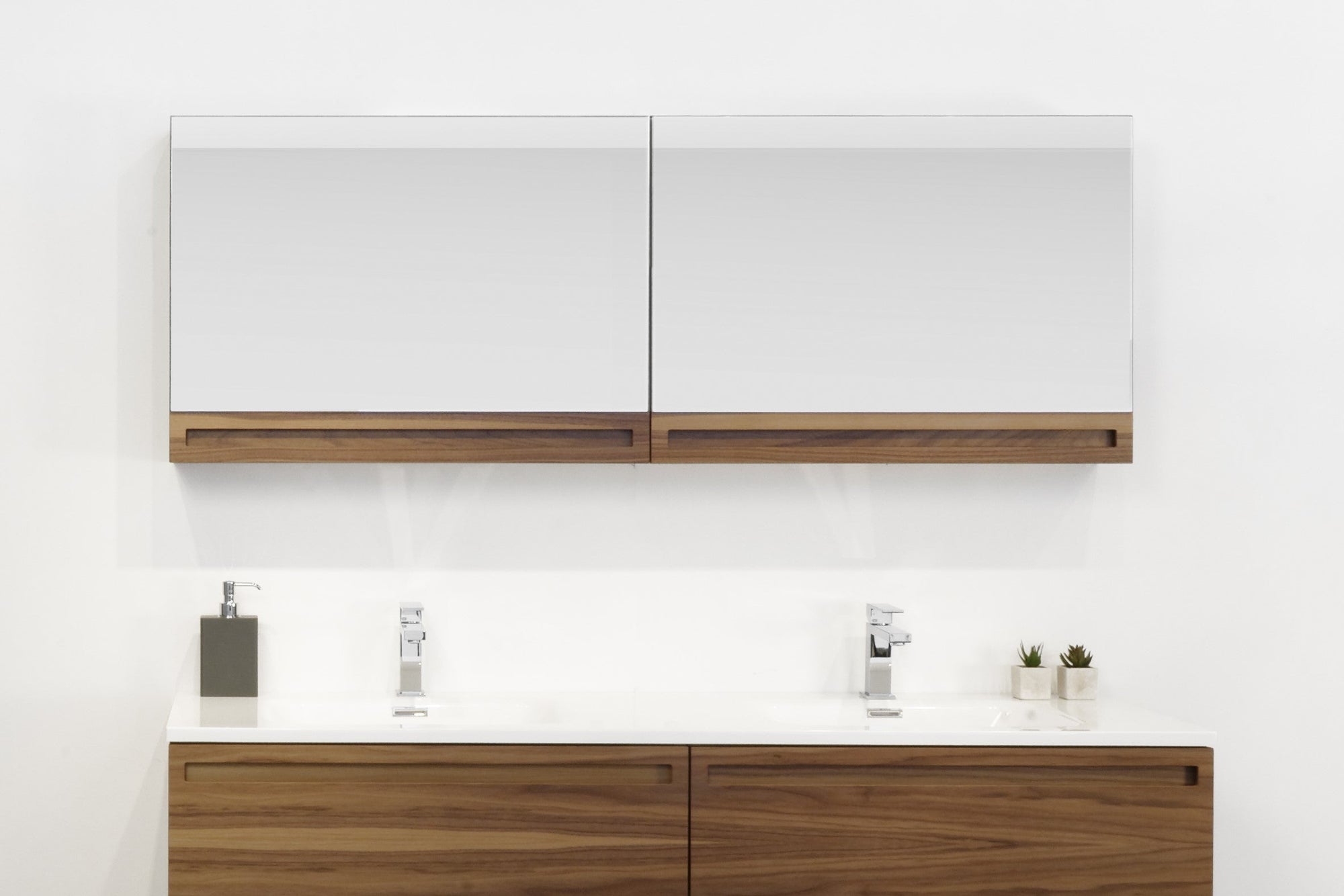 Modern wood bathroom sink cabinet with mirror featuring dual sinks and minimalist design.