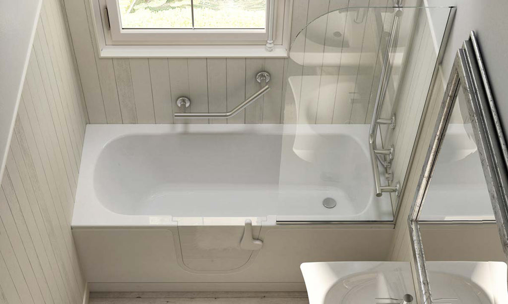 Compact bathtubs with door and safety handrails in a space-saving bathroom design