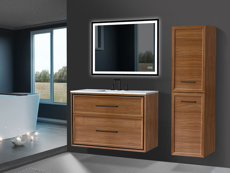Stylish wall mounted bathroom vanities in warm wood finish, paired with a spacious bathroom mirror.