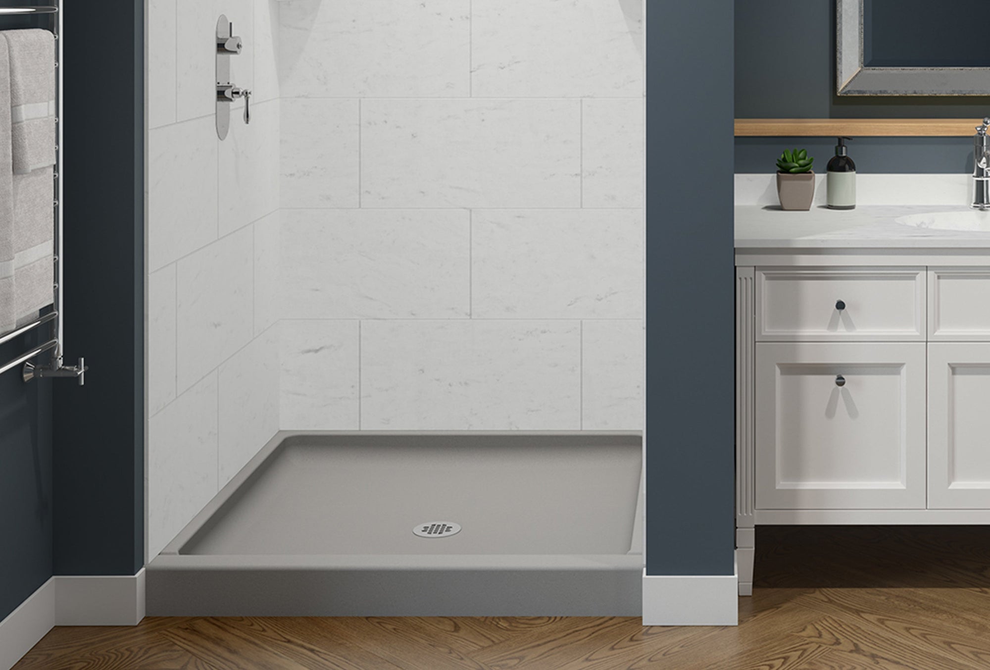 Modern shower base tray in a sleek bathroom design.