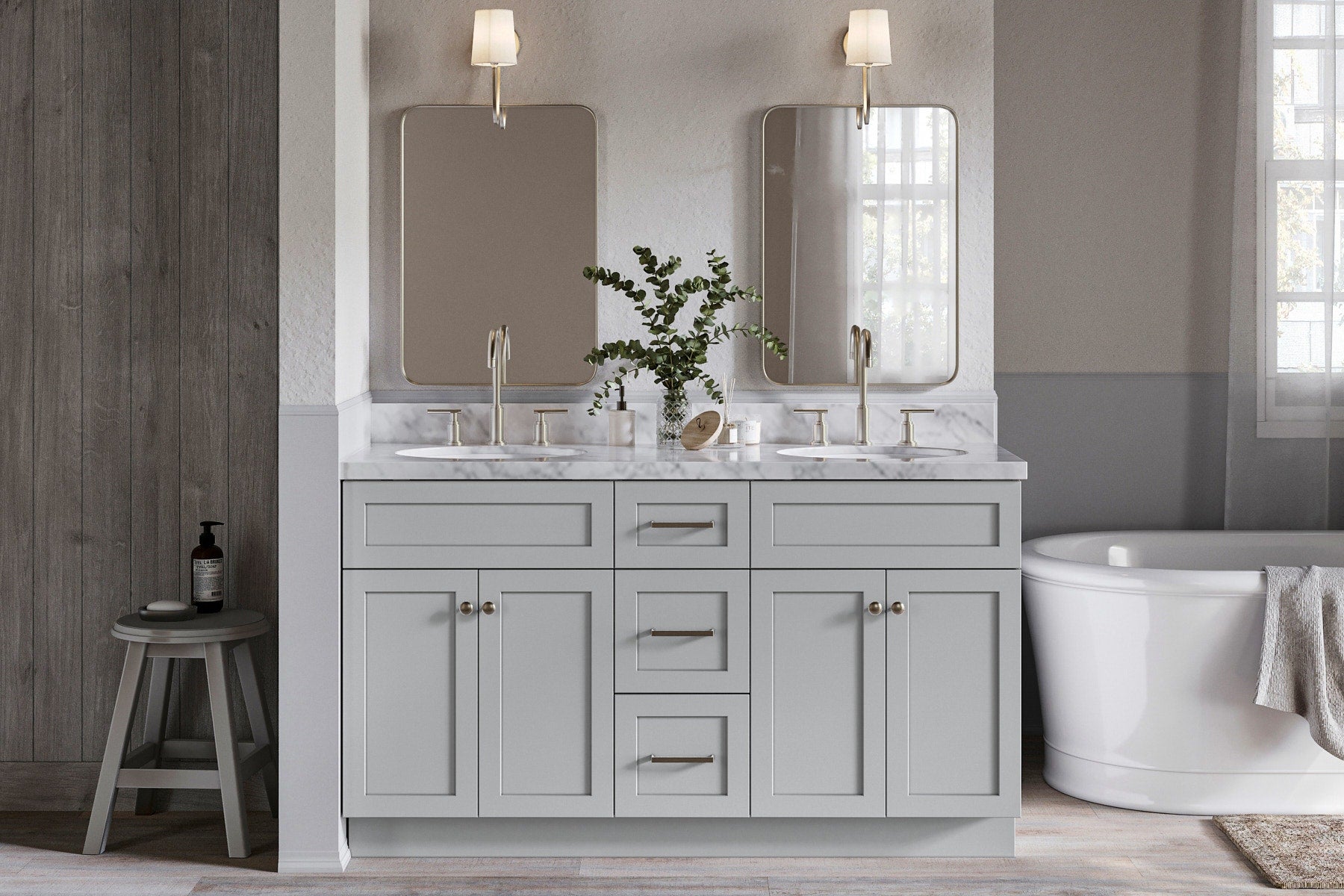 Stylish bathroom featuring modern grey bathroom cabinet ideas with sleek design