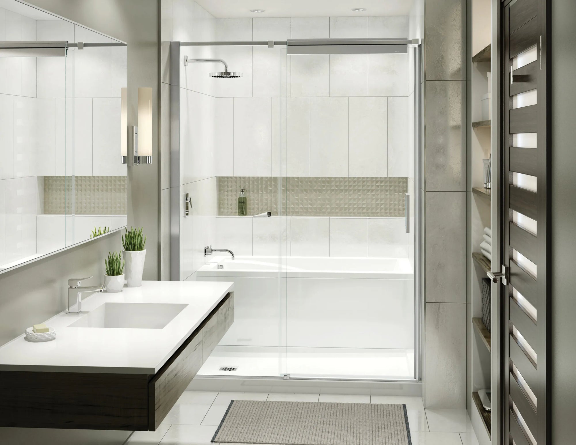 Modern bathroom interior showcasing bathtub and shower combo with glass enclosure, white tiled walls, and minimalist floating vanity.