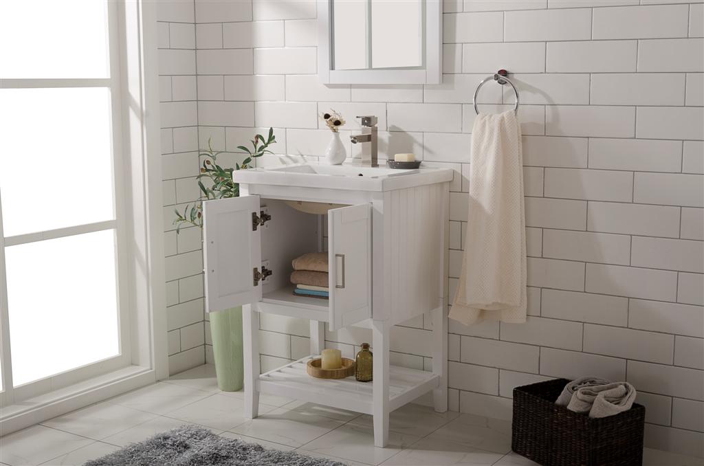 White 35 inch bathroom cabinet with open storage and minimalist design