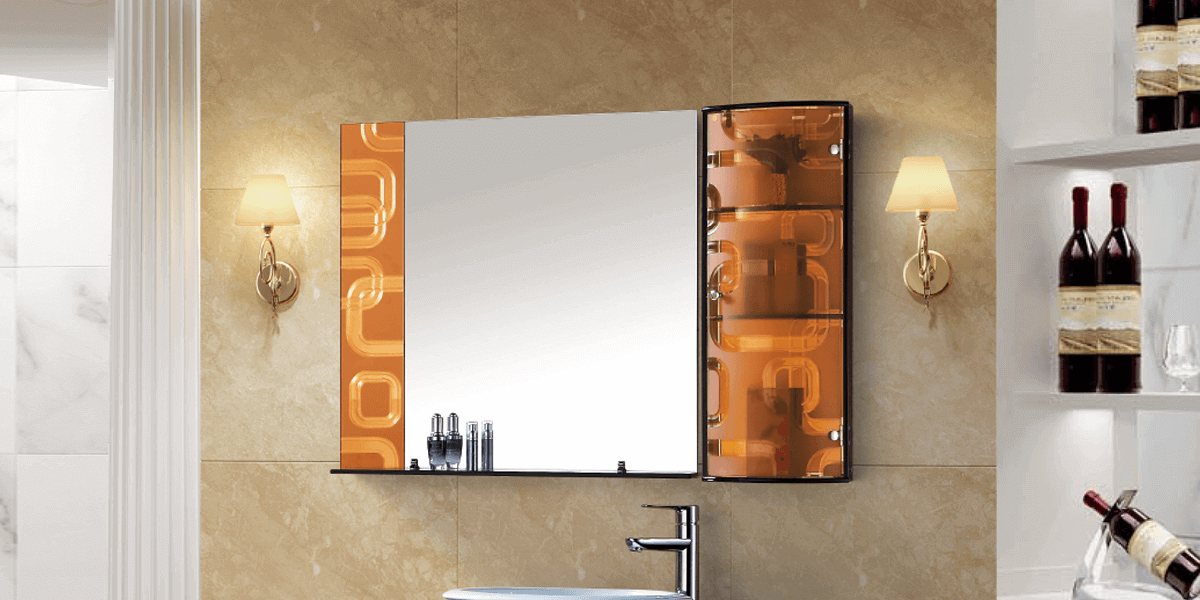 Retro-style bathroom wall cabinets with mirrors featuring patterned glass doors and side lighting.
