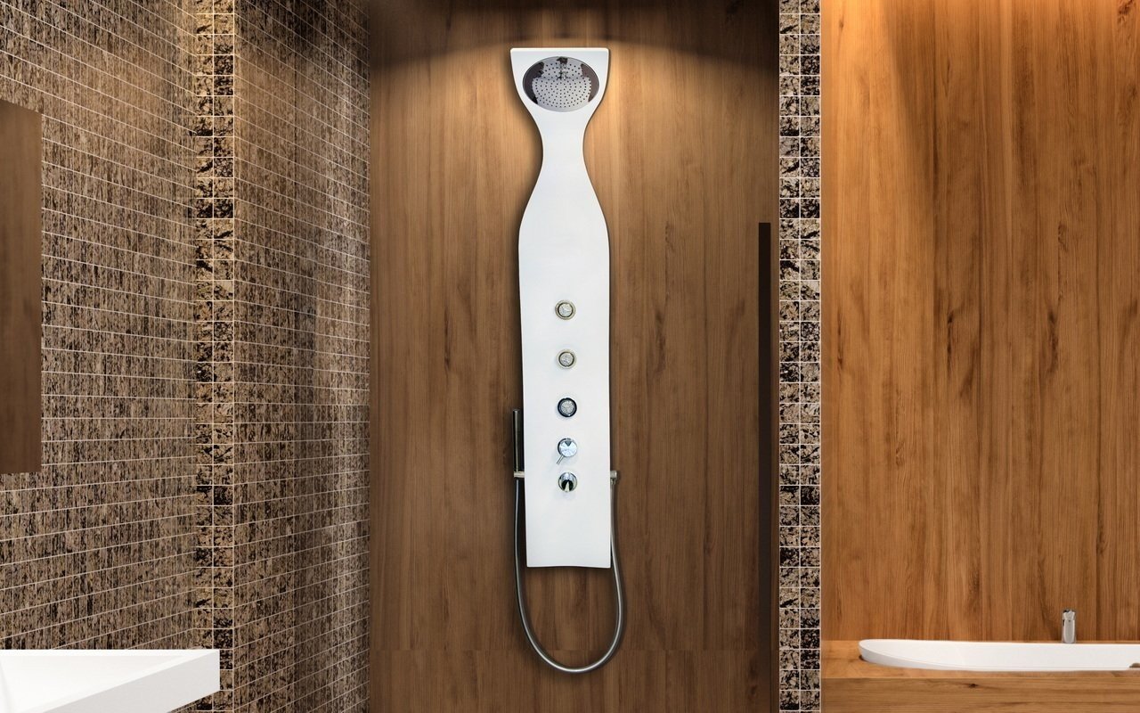Stylish white shower wall panel system with curved design and multiple control knobs.