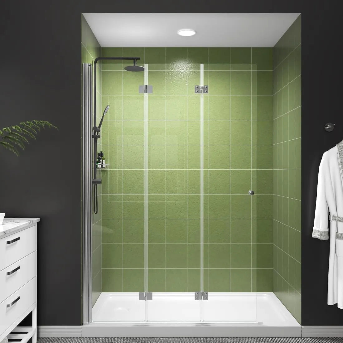Modern bathroom featuring ​tri fold shower door​ with clear glass, vibrant green tiles, black fixtures, and white cabinet.