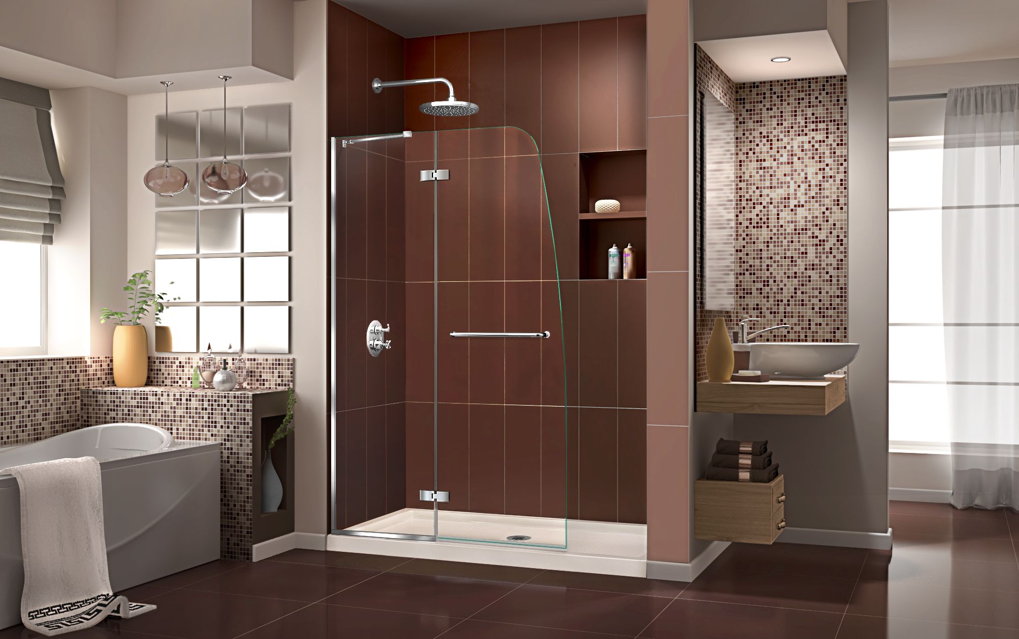Modern bathroom with brown tiles and frameless glass shower doors hinged