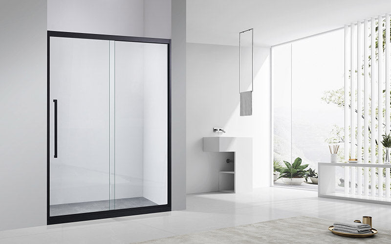 Modern black framed sliding shower door in minimalist bathroom, ideal to seal shower door frame cleanly.