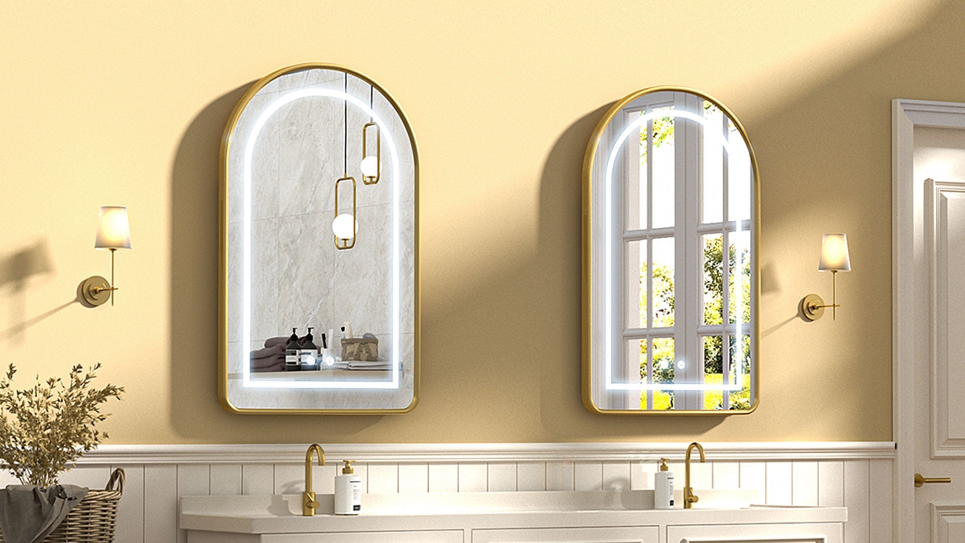 Double gold mirror medicine cabinets with LED lighting in a classic bathroom setup.