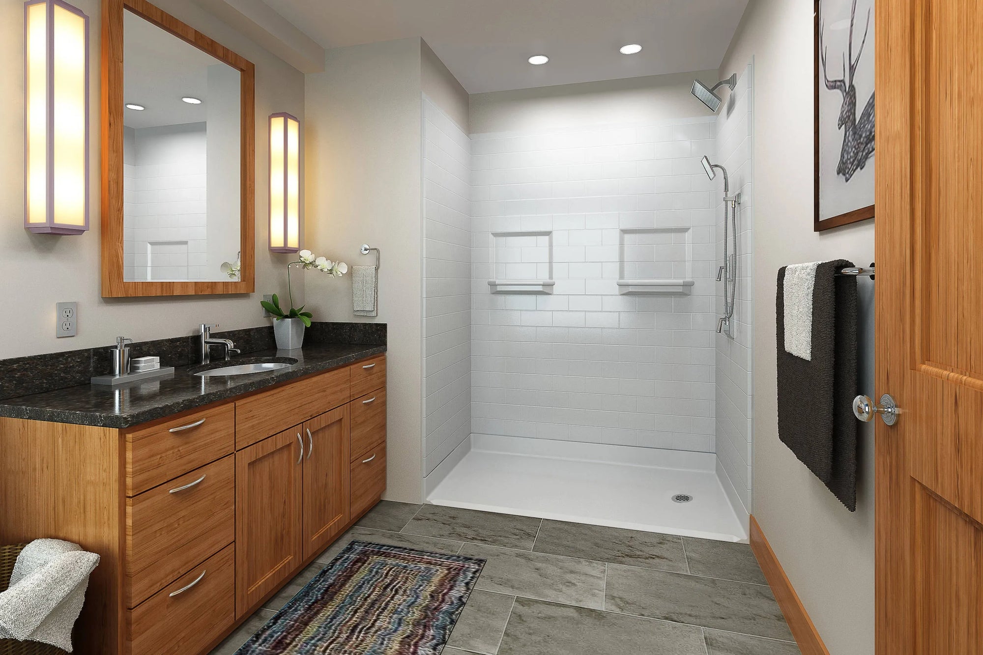 Modern bathroom featuring white shower pan, subway tiles, wood cabinetry, stone flooring, and vanity mirror in contemporary design.