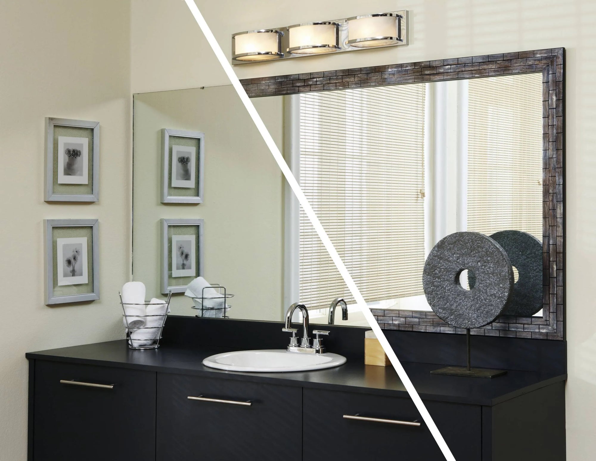 Bathroom vanity before and after comparison with updated bathroom mirror frame