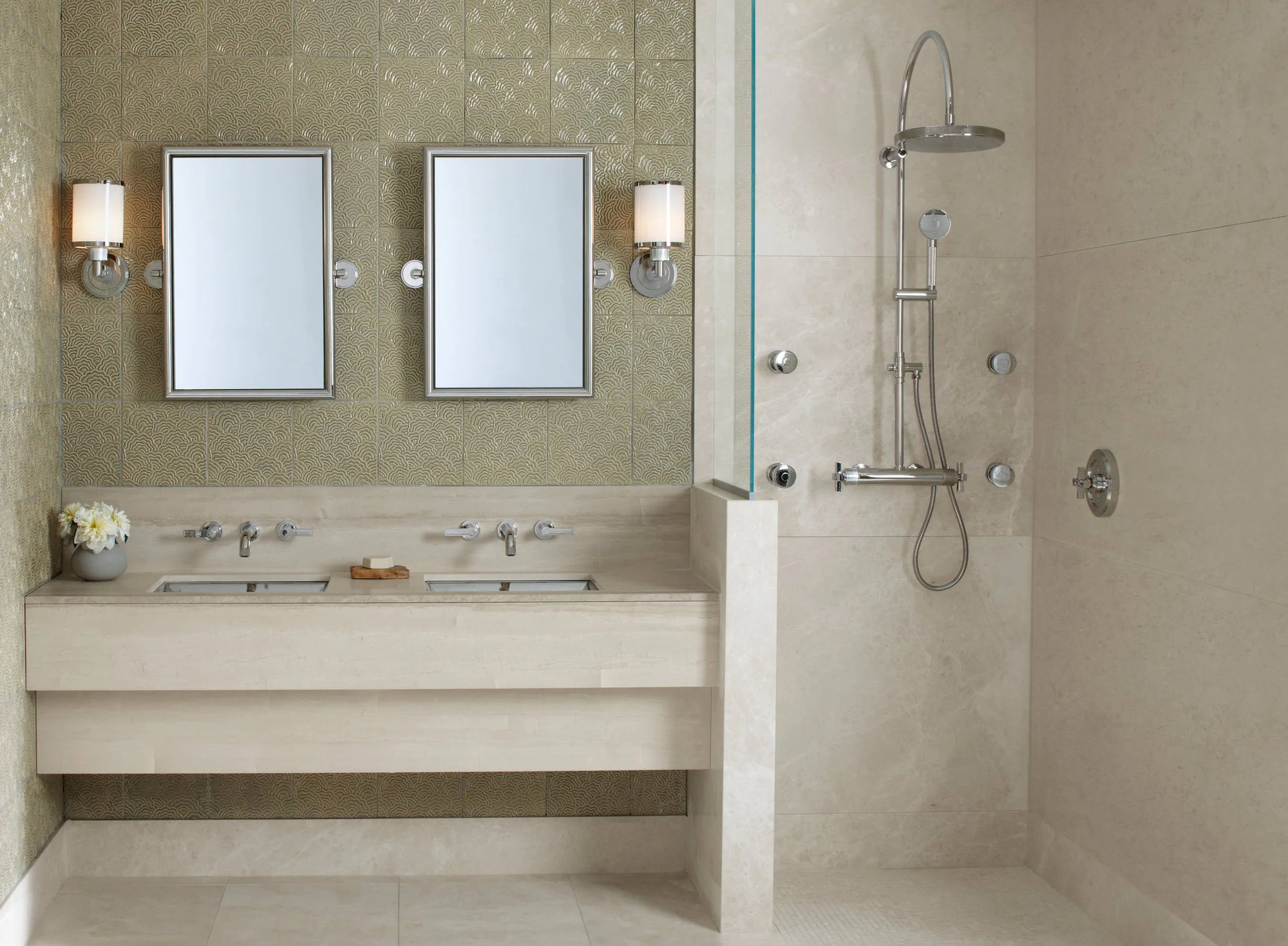 Modern bathroom with a walk in shower no door, double vanity, and neutral tones for a luxurious spa-like experience.