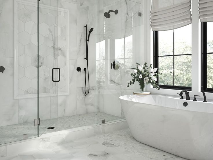 Tile on shower base with marble-look walls and a freestanding bathtub