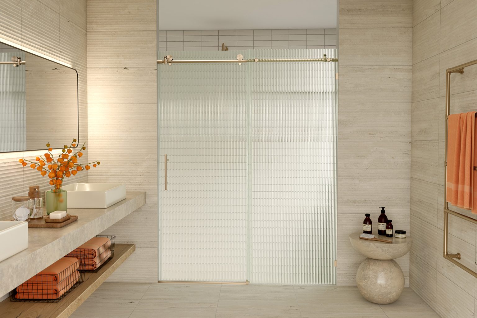 Elegant shower with sliding glass door and gold hardware in a warm-toned bathroom