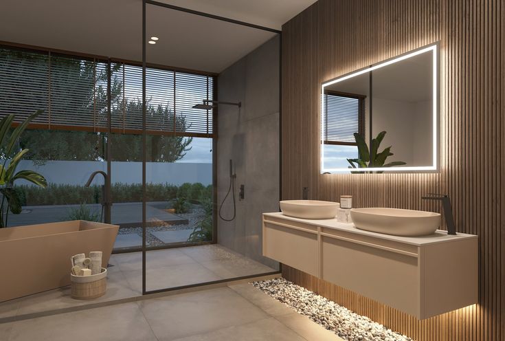 Modern bathroom with LED-lit square bathroom mirrors and minimalist wood paneling