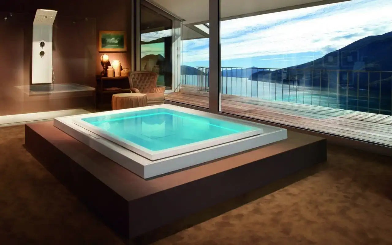 Luxury in-ground spa showcasing premium types of tubs with scenic view.