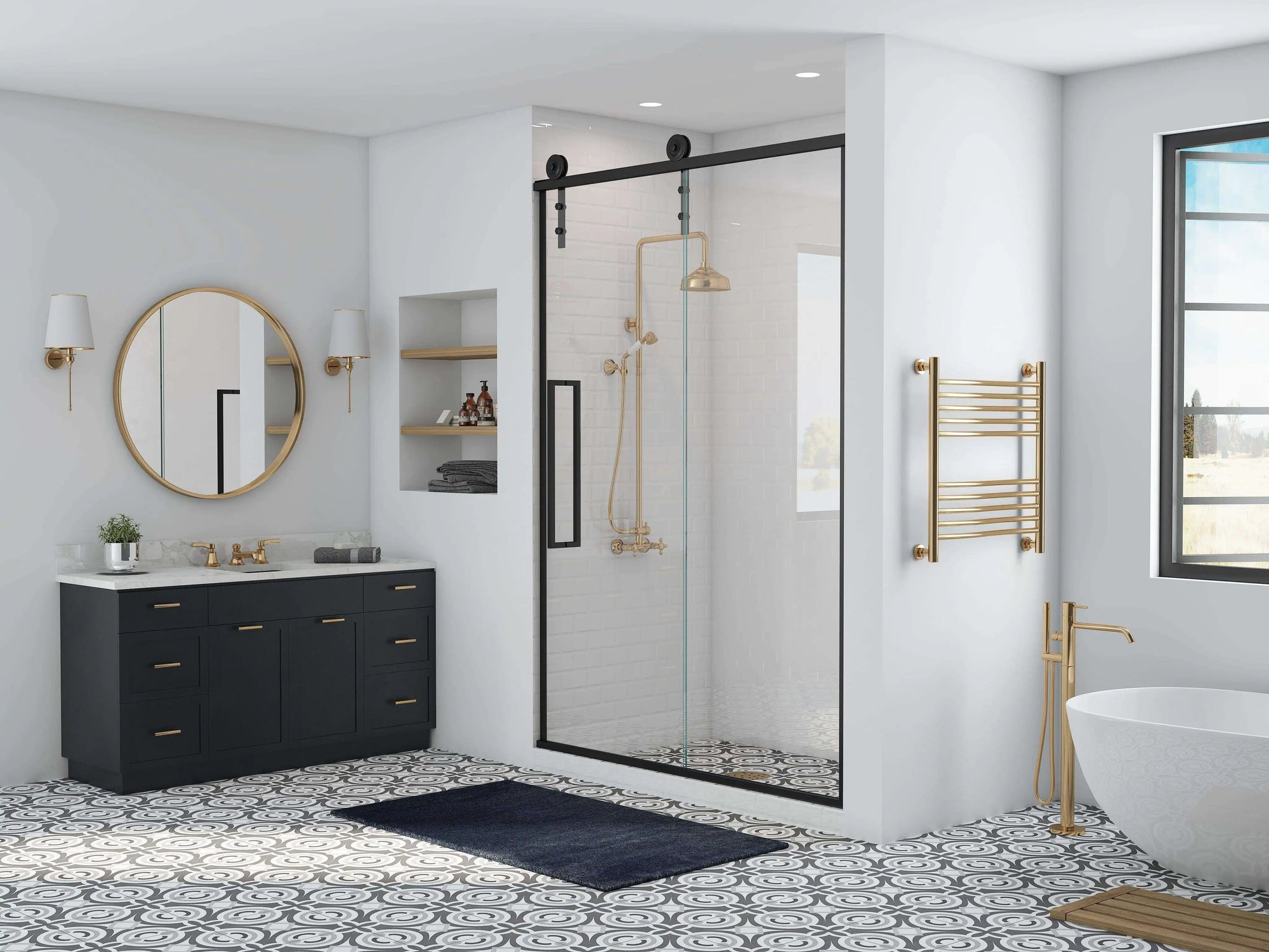 Contemporary bathroom with frameless black sliding glass doors for shower and gold fixtures
