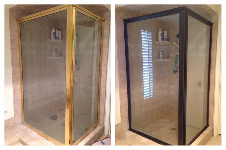 Before and after of painting shower door frame, transforming from gold to black for a modern look