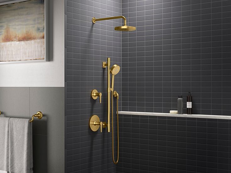 Gold wall-mounted bathroom shower systems with rainfall head and handheld spray, perfect for luxury bathrooms.