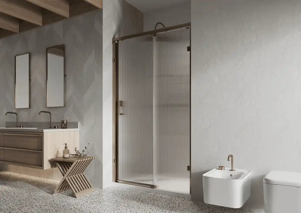 Modern bathroom with sleek vanity and bidet, highlighting the size of sliding glass door design by ACE DECOR.