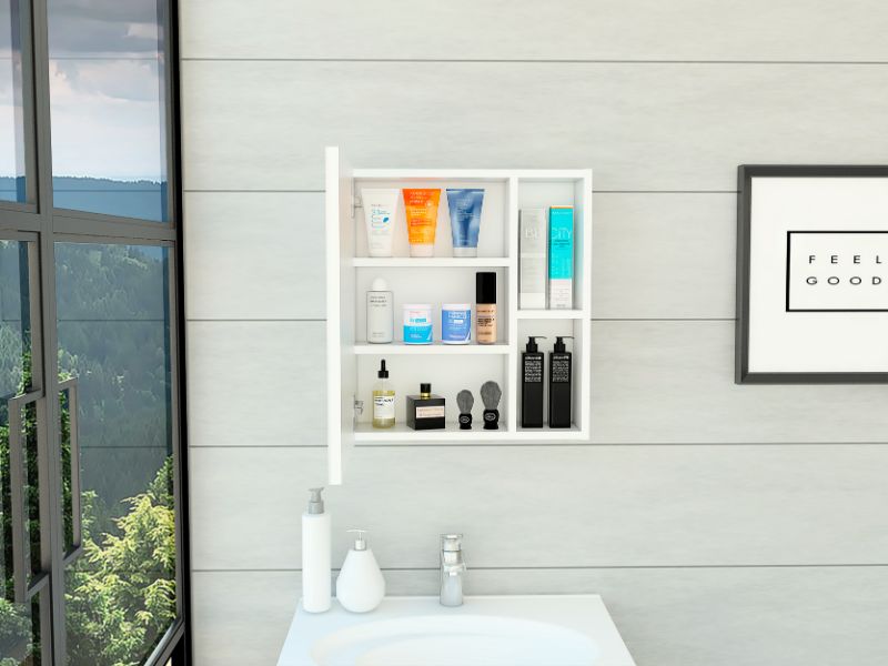 Wall-mounted bathroom mirror cabinet single door with multiple compartments for organized storage.