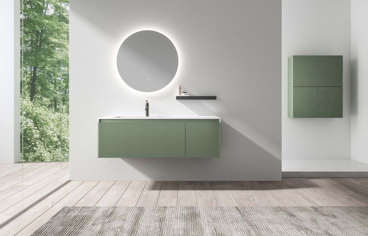 Modern green floating stylish bathroom cabinets with round LED mirror