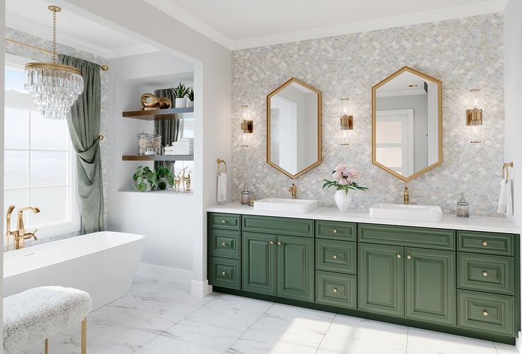 Green cabinets in bathroom with elegant dual sinks and natural lighting.