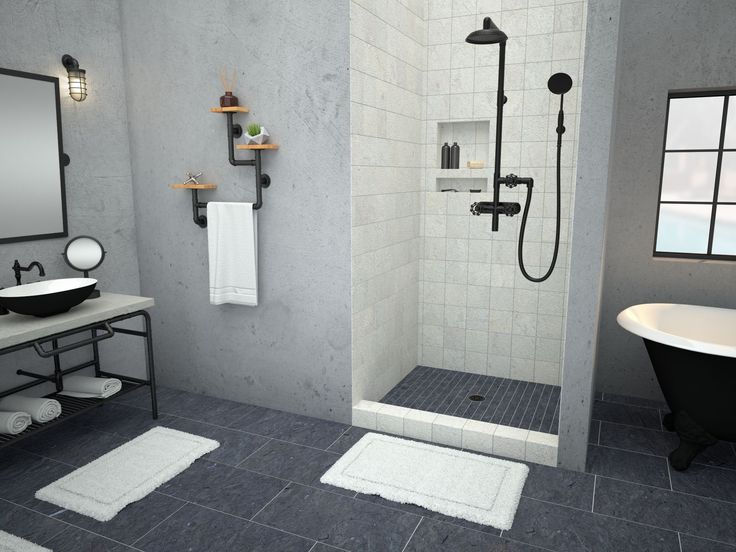 Industrial-style bathroom with a 30x30 shower base, matte black fixtures, tiled shower floor, and built-in shelving for a modern aesthetic