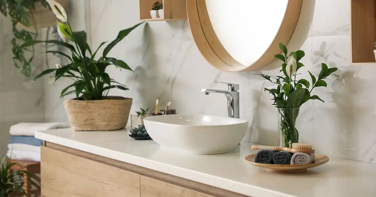 Modern floating wood vanity with white vessel sink and plants, highlighting vanity depth in a minimalist bathroom.