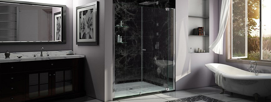 Modern bathroom with glass frameless shower doors and stylish dark marble finishes